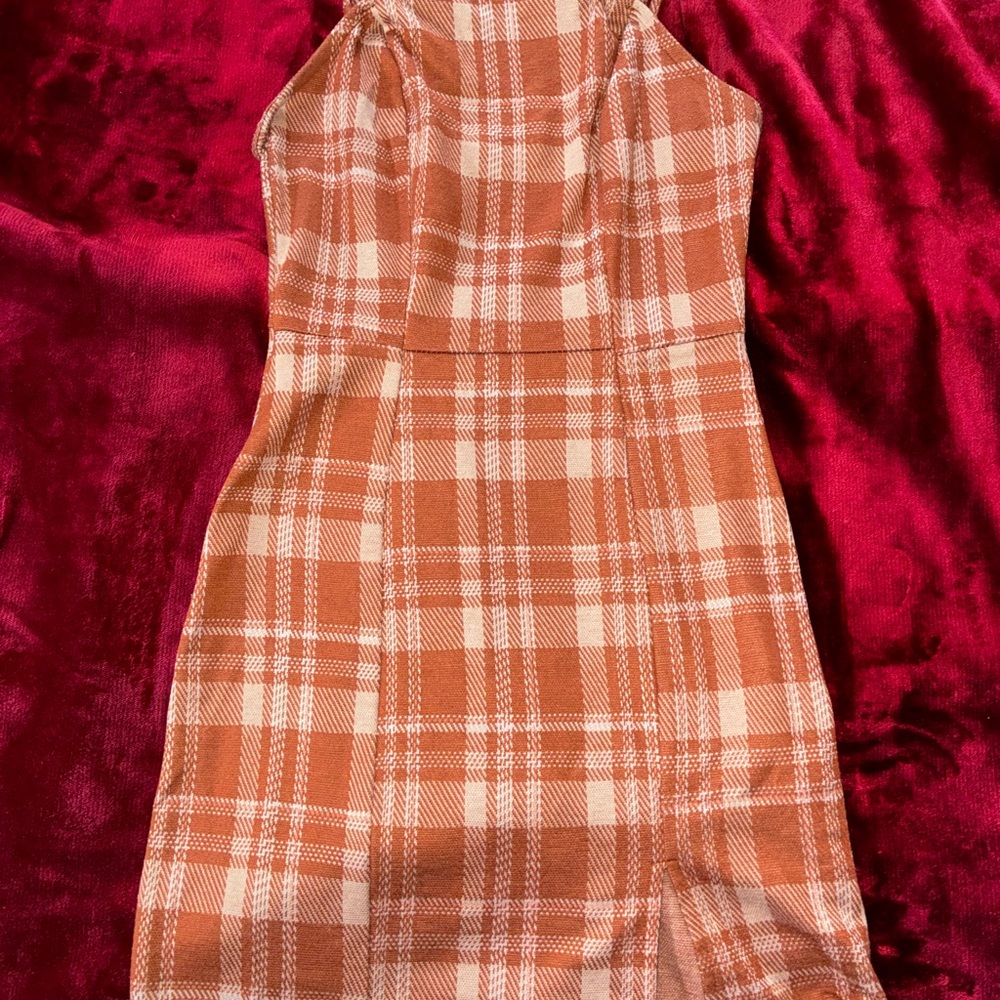Chic Plaid Mini Dress in Orange and Cream